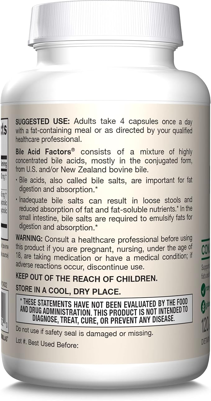 Jarrow Formulas Bile Acid Factors 1000 mg With Conjugated Bile Acids, Dietary Supplement for Digestion Support and Absorption of Fats & Fat-Soluble Nutrients, 120 Capsules, 30 Day Supply