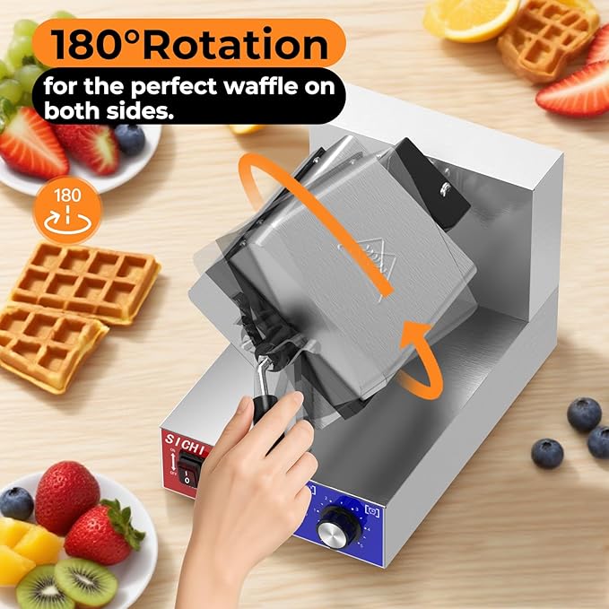 Commercial Waffle Maker -Belgian Waffle Maker w/Non-stick Baking Pan and 550℉ Heating, 1200W Rotating Waffle Iron for 1.2" Thick, Stainless Steel Square Waffle Machine for Hotel Restaurant