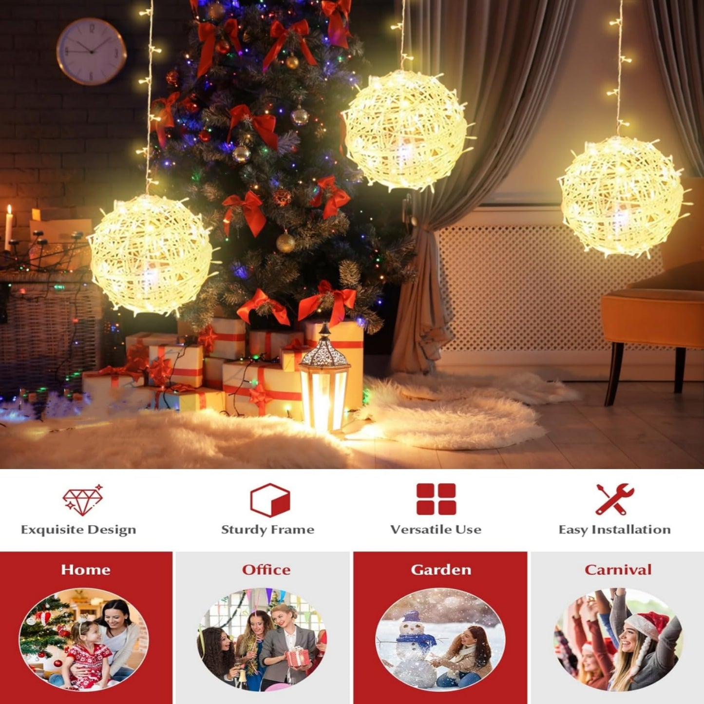 Outdoor Christmas Balls Lights 4 Pack Hanging 11.8 Led Garden Sphere Tree Lights 8 Modes Waterproof String Lights With Memory Timer Plug For Party Yard Porch Eave Patio Home Decoration-Warm White