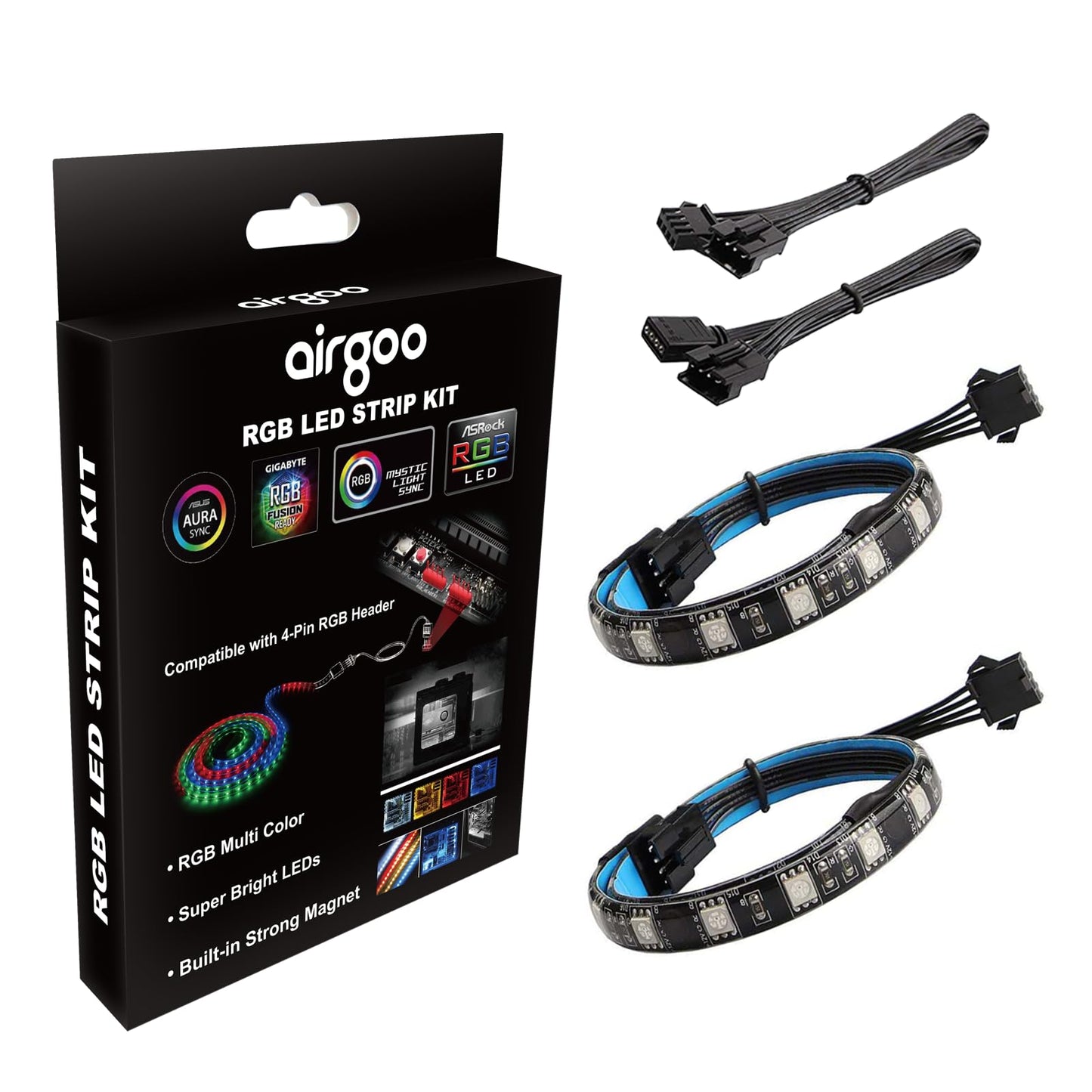 airgoo RGB LED Strip Light, 2pcs Magnetic, 12V 4-Pin, Compatible with ASUS Aura, MSI Mystic Light, Model AGMGCL0006