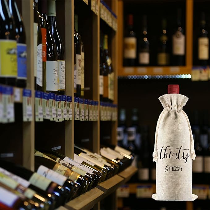 PLIGREAT 4 Pcs Cotton Linen Wine Bags, Reusable Wine Gift Bags with Drawstrings, Wine Bottle Wrap Bags Bulk Congrats Gifts Bags for 30th Birthday Party Thanksgiving Christmas Gifts Bags