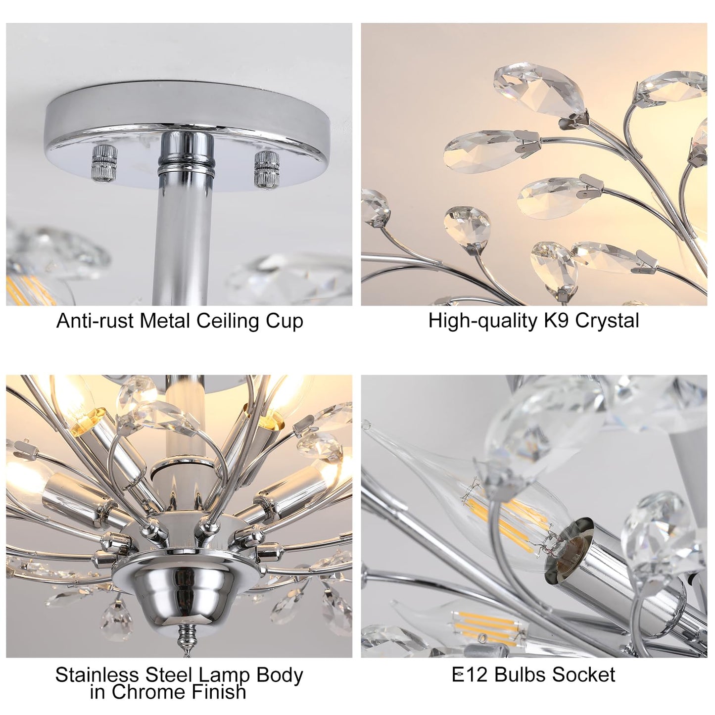 Ganeed Frozen Crystal Branch Close To Ceiling Light Chrome Silvery Vintage Chandelier With 5-Light Heads  Modern K9 Crystal Chandelier For Dining Room Living Room Bedroom Kitchen Over Table