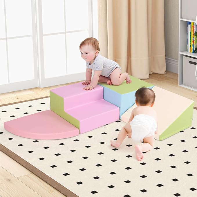 Costzon Climbing Toys for Toddlers, 4 Pieces Climb and Crawl Foam Kids Building Blocks for Children Development & Indoor Active Play, Soft Play Set for Newborn Infant Baby (Light Green & Blue & Pink)