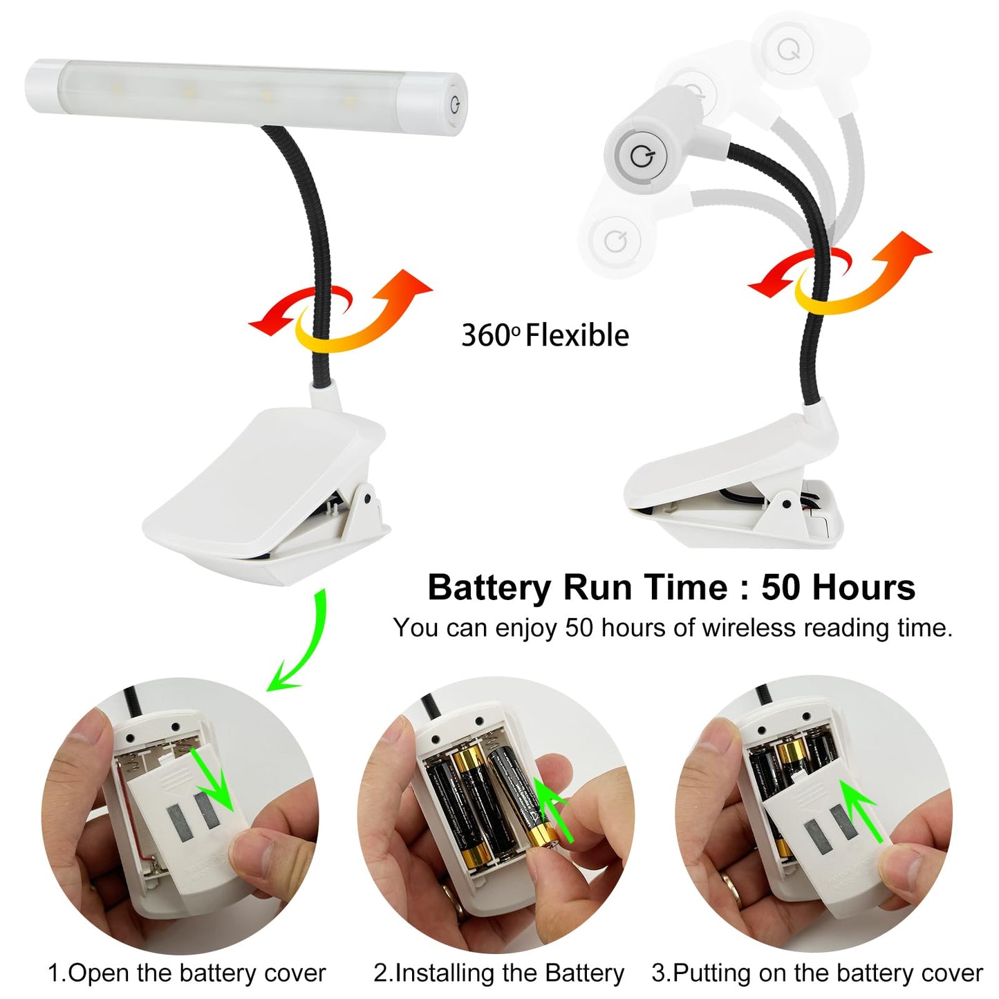 Bigmoant Battery Operated Book Light  Reading Light With Clip  Eye Care Book Light  2 Adjustable Brightness Set  Flexible Metal Neck  Perfect For Book Lovers (White  2 Pack)