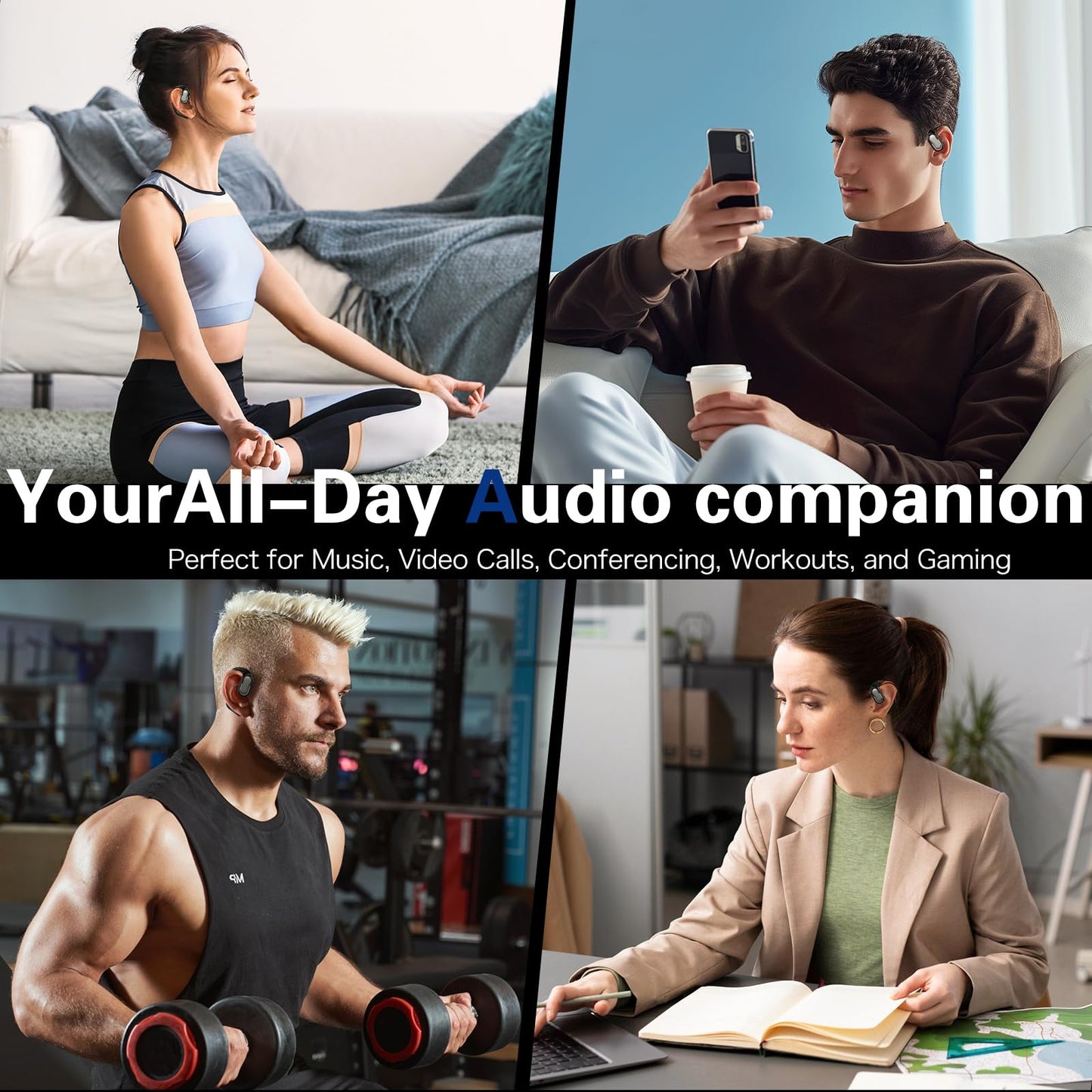 Byobyc Bluetooth 5.4 Headphones True Wireless Stereo Earbuds 40H Playtime LED Power Display Earphones with lPX5 Waterproof Open Ear Buds for Sporting, Working, Studying Black