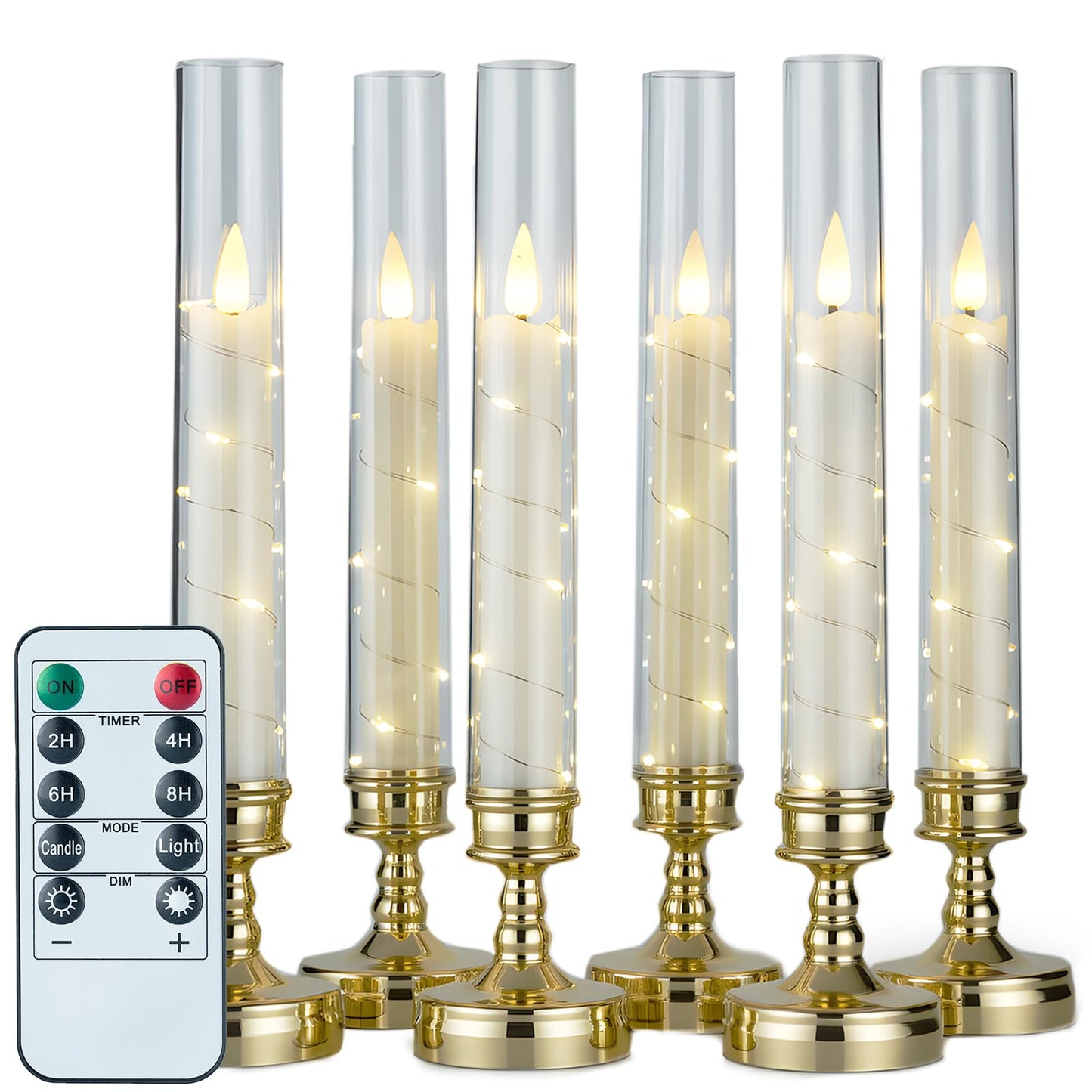 Prerish 6 PCS Flameless Candles with Remote Timer, Flickering LED Candles Romantic Ambiance with Embedded Star String, Gold Battery Perated Candles Decoration for Wedding Home Table Window Christmas