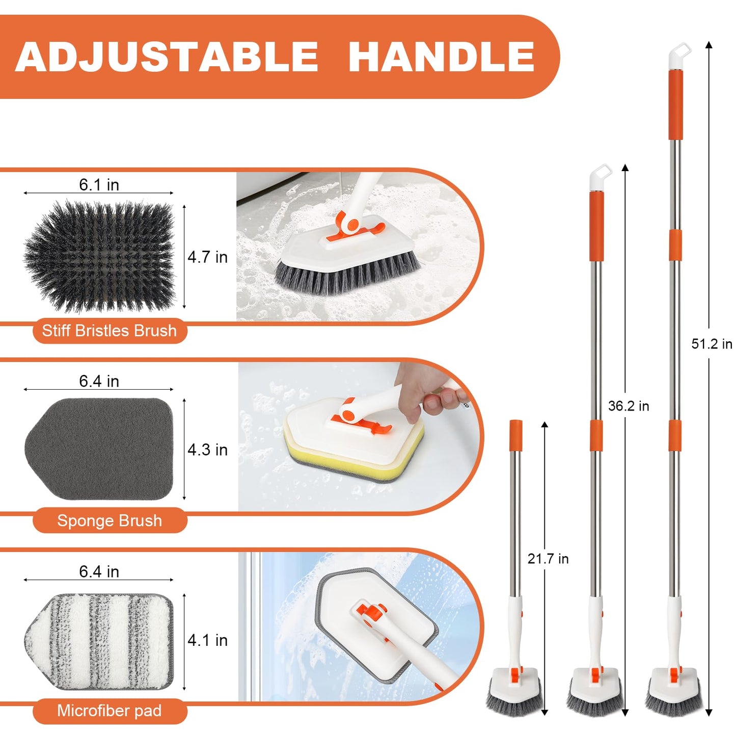 Long Handled Scrub Brush for Shower，3-in-1 Cleaning Brushes with 3 Different Function Cleaning Heads Brush for Shower Cleaning Bathroom Kitchen Walls Tub Tile
