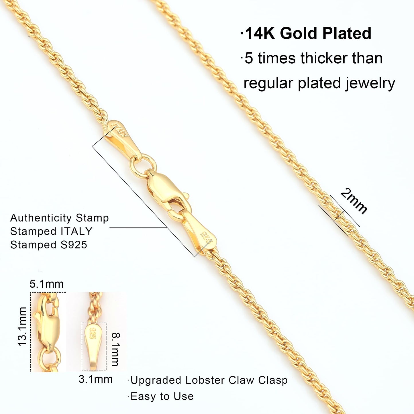 Waitsoul 925 Sterling Silver Rope Chain Lobster Clasp 2mm Gold Plated Chain Necklace for Men Women Necklace Chain 24 Inch