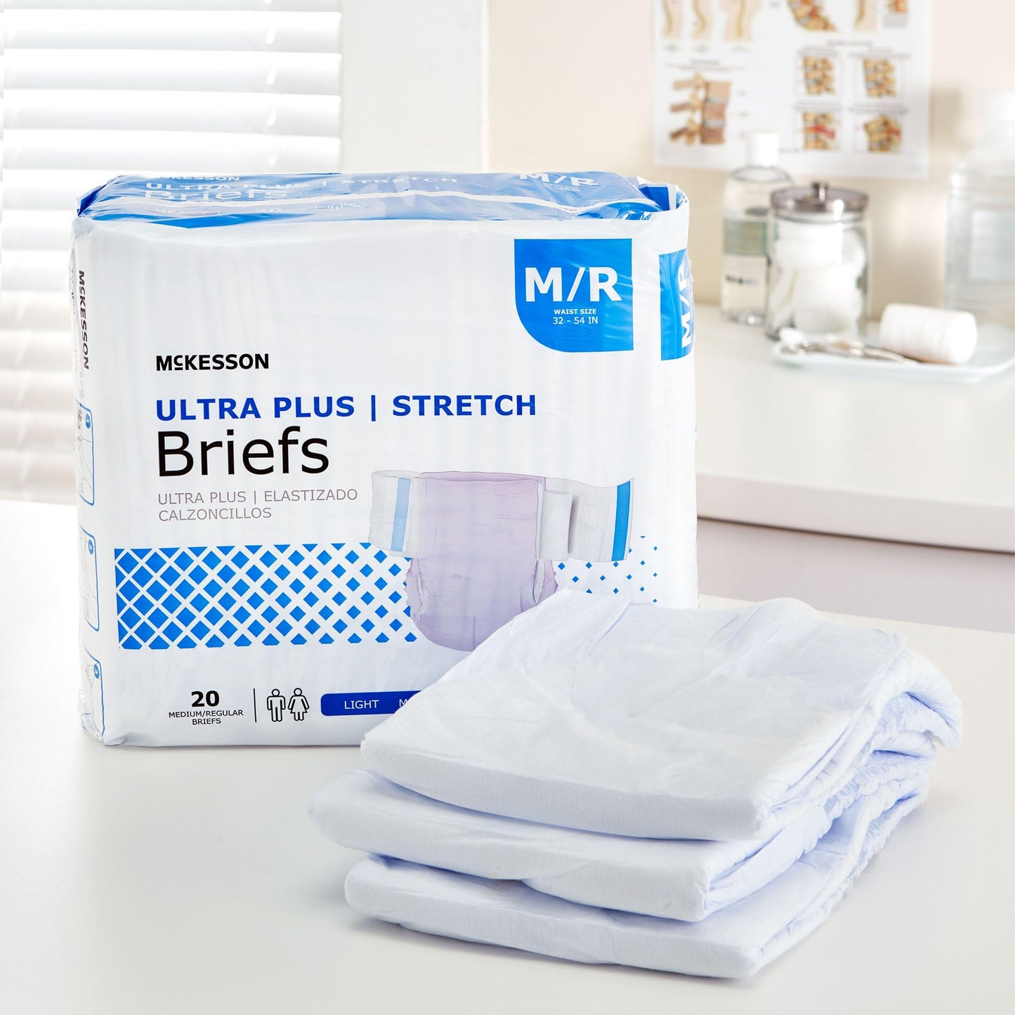McKesson Ultra Plus Stretch Briefs, [80 Count], M/R, 32-54 in. Incontinence Adult Diapers, Heavy Absorbency, Unisex, Disposable, Elastic Leg Gathers and Contoured Fit for Men and Women