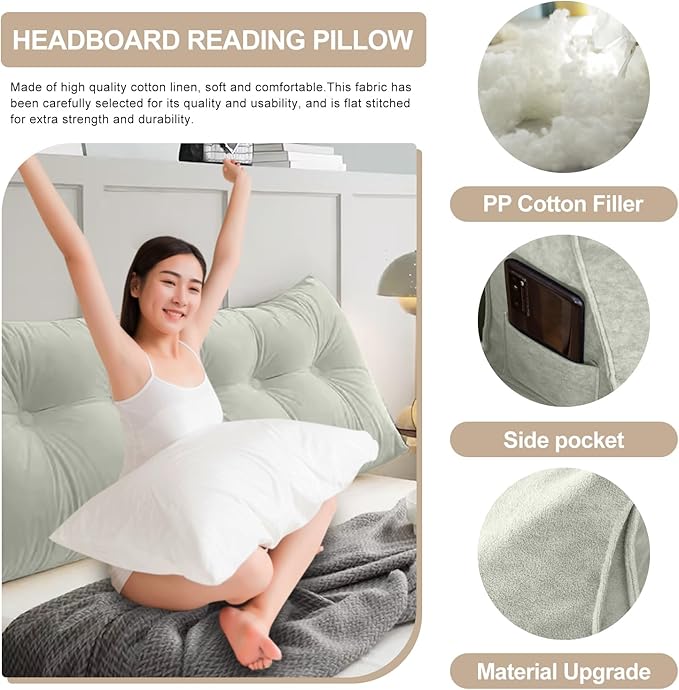 Large Triangular Headboard Pillows Long Backrest Positioning Support Bolster Cushion for Daybed Fluffy Quality Plush Body Wedge Pillow with Removable Cover(Dark grey-24x8x20in)