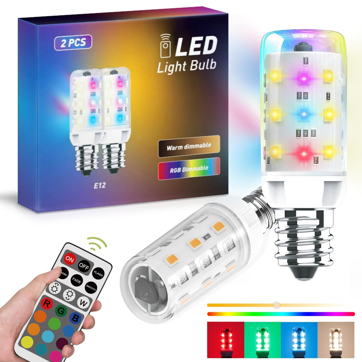 Cxyemt E12 LED Bulb 2W Equivalent, RGB Color Changing, Warm White 3000K, Dimmable, 2 Pack, Polycarbonate, Model E12-WRGB-