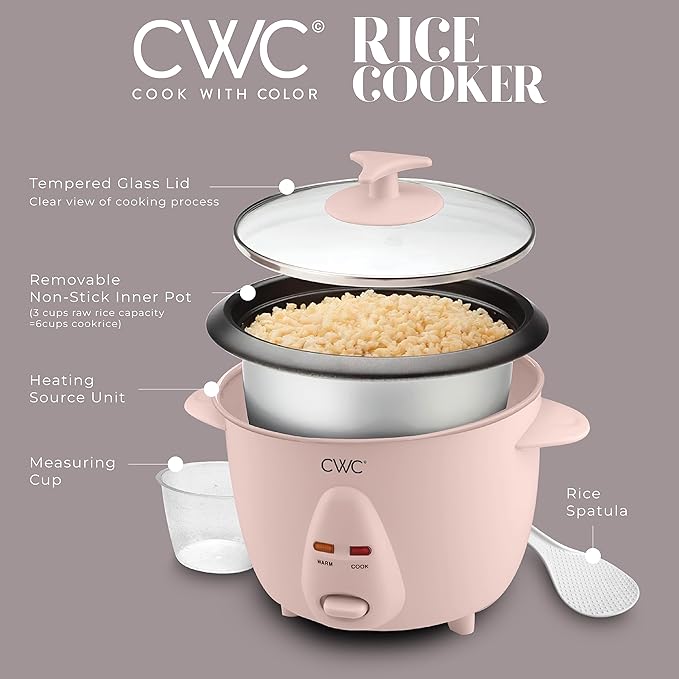 COOK WITH COLOR 6 Cup Rice Cooker 300W - Effortless Cooking and Perfectly, Cooks 3 Cups of Raw Rice for 6 Cups of Cooked Rice, Pink