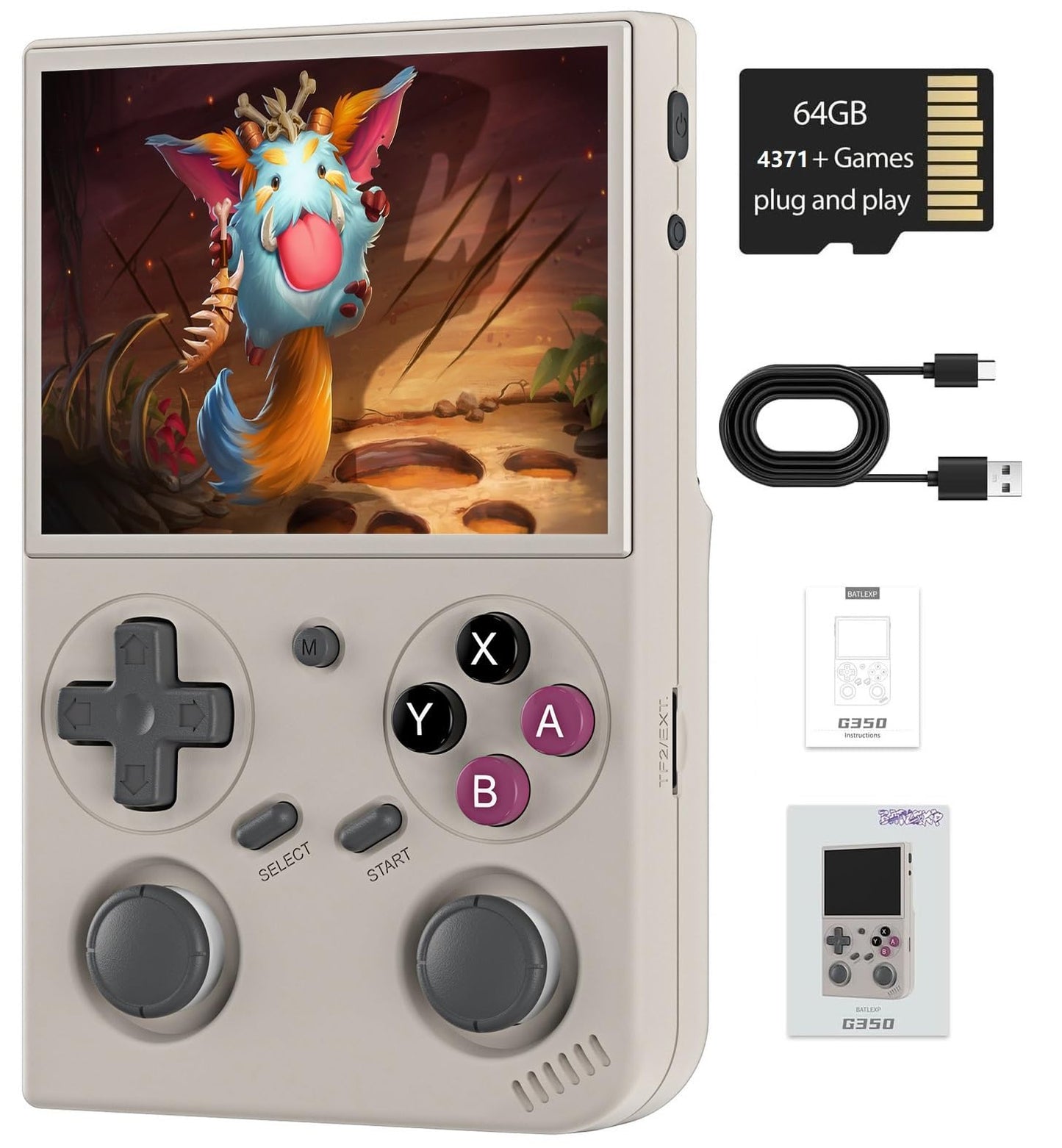 G350 Retro Handheld Game Console , 3.5 Inch IPS Screen Linux System Built-in 64G TF Card 4371 Games Preloaded Handheld Game Console 3200mAh Battery(Gray)
