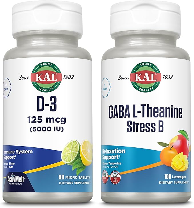KAL Vitamin D-3 5000 IU ActivMelt and GABA L-Theanine Stress B Lozenge Bundle - 90 Instant Dissolve, Natural Lemon Lime Flavor Micro Tablets and 100 Natural Mango Tangerine Flavor Lozenges