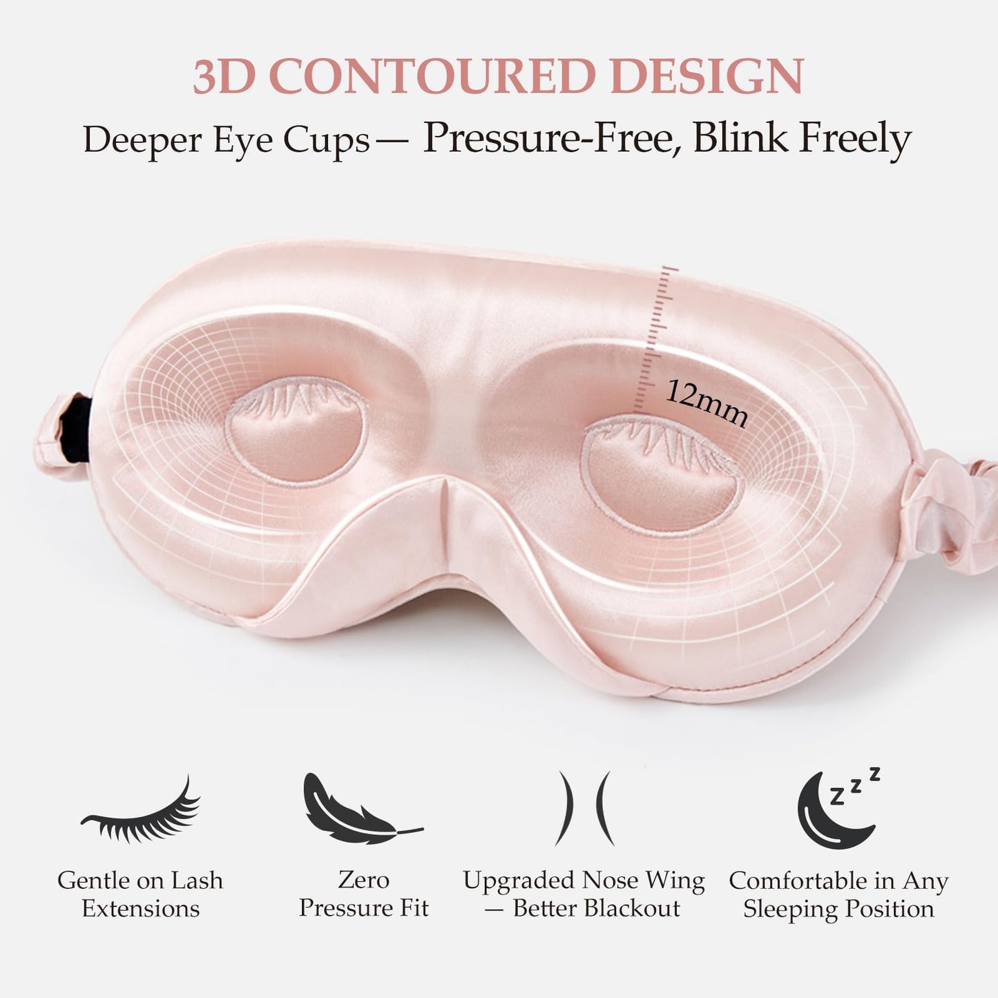 SGMSILK 100% 22 Momme Mulberry Silk Sleep Mask with Adjustable Strap, 3D Contoured Cup Silk Eye Mask for Sleeping, Total Black Out, Pink