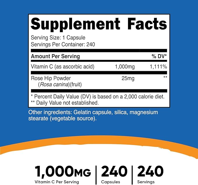 Nutricost Vitamin C with Rose HIPS 1025mg, 240 Capsules - Vitamin C 1,000mg, Rose HIPS 25mg, Premium, Non-GMO, Gluten Free Supplement