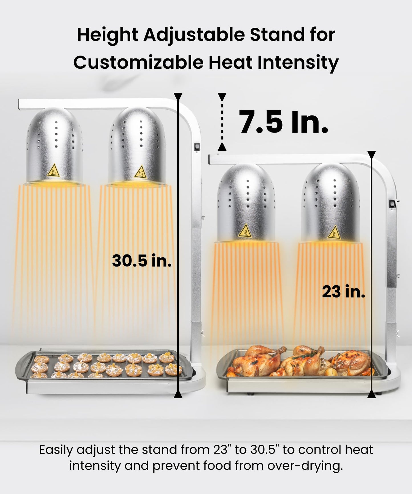 SYBO Commercial Grade Food Heat Lamp, Electric 2-Bulb Heating Lamp Warmer for Food with Adjustable Stand, 500W, Silver