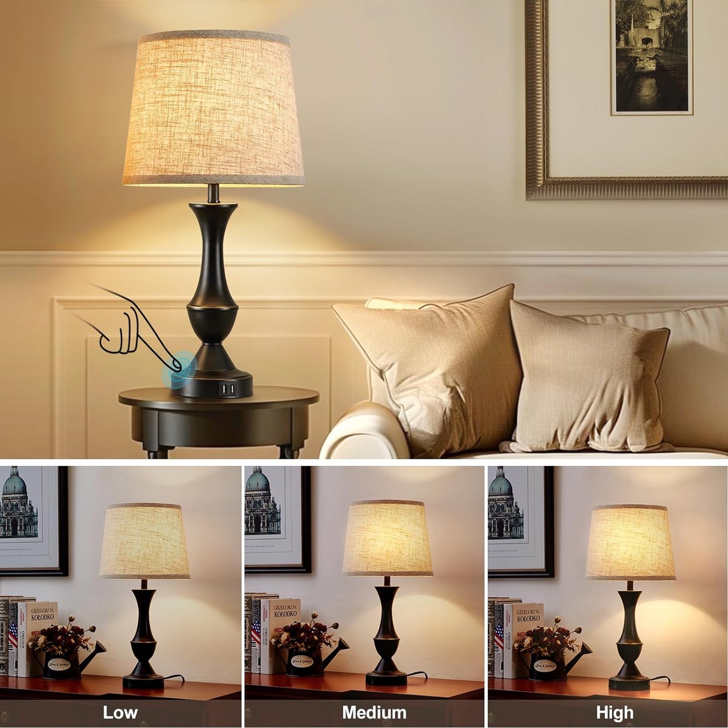 Upgraded Touch Table Lamps Set of 2, 22" Tall Bedside Lamps with USB C+A Ports, 3 Way Dimmable Nightstand Lamps for Bedroom, Living Room, Office, Black Lamp with Beige Lampshade, Bulb Included