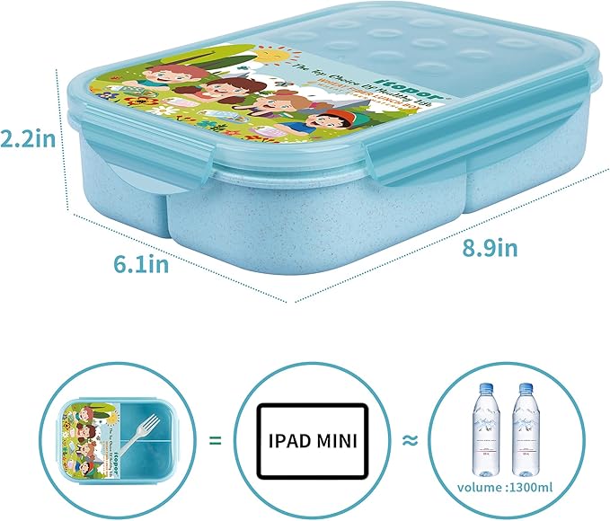 Wheat Straw Bento Box, BPA-Free Lunch Box for Kids & Adults - Leakproof 3-Compartment Lunch Containers with Utensil, Microwave/Dishwasher Safe, 5.5 Cup Blue
