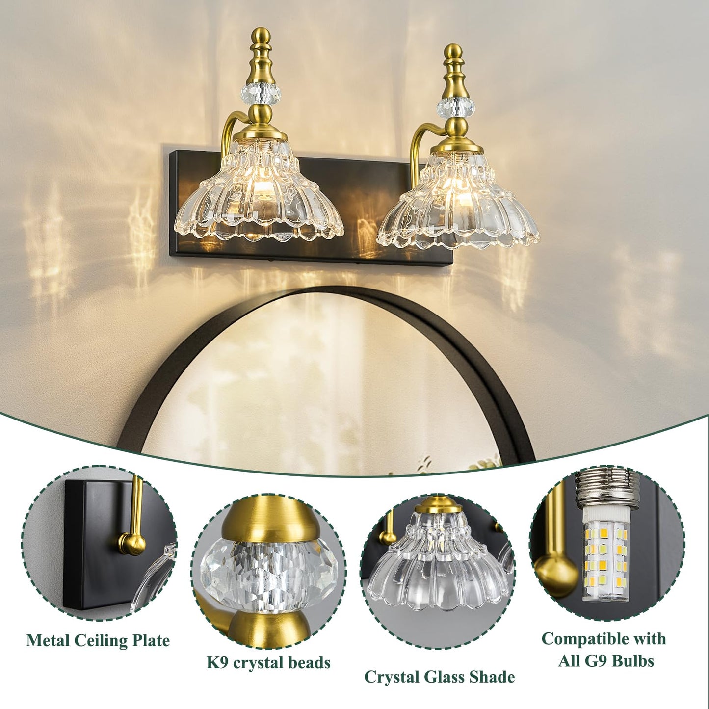Lbsqj Vintage Bathroom Vanity Light  2-Light Black Gold Vanity Lighting Fixture With Flower Glass Shade  Bathroom Lighting Fixtures Over Mirror