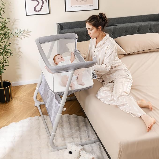 BABY JOY Bassinet, Bedside Crib w/Adjustable Height, Comfy Mattress, Full-Mesh Sides and Storage Pockets for Newborns Infants, Baby Bassinets Bedside Sleeper for Safe Co-Sleeping