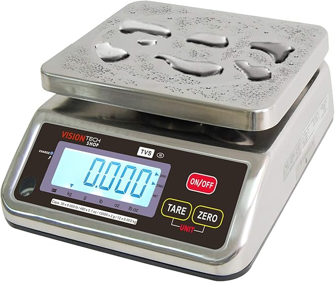 VisionTechShop TVS Portion Control Stainless Steel Washdown Scale, Lb/Oz/Kg/g Switchable, Low Profile Design, 30lb Capacity, 0.005lb Readability, Single Display, NTEP Legal for Trade, NSF Certified