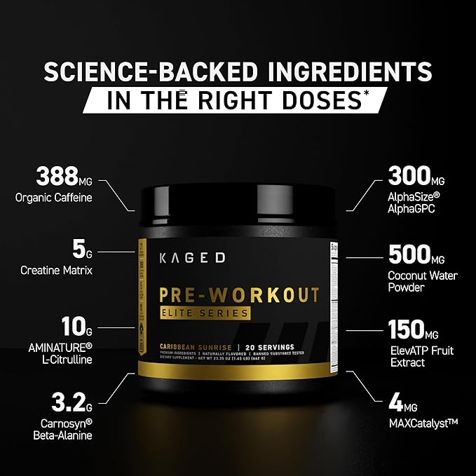 Kaged Pre Workout Powder Pre-Workout Elite for Men & Women High Stimulant for Energy, Focus, Pumps L-Citrulline, Beta Alanine, Creatine & 388mg of Organic Caffeine Caribbean Sunrise Servings