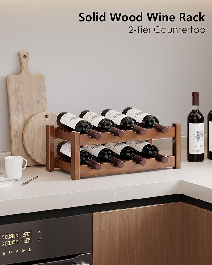 Countertop Wine Rack for Inside Cabinet, Solid Wood 2-Tier Wine Racks for 8 Bottles, Pinewood Liquor Storage Shelf, Wooden Water Bottle Organizer for Pantry, Kitchen, Bar, Dining Room (Walnut)