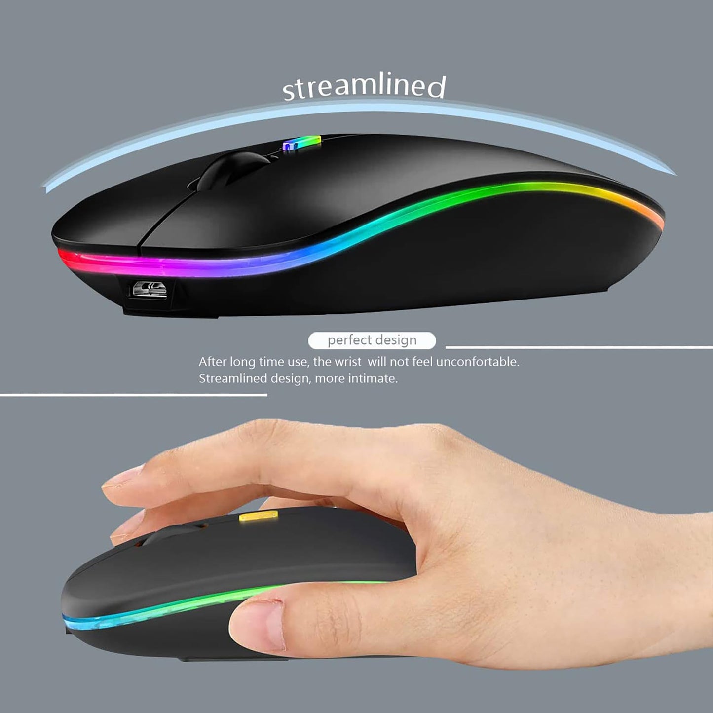 WREANU Wireless Bluetooth Mouse Rechargeable Laptop Mice with LED Lights Silent Slim Use(BT5.2 and 2.4G Portable USB Receiver)Dual Mode Computer Mouse for Laptop/iPad/Tablet/Apple/Computer/Mac(Black)