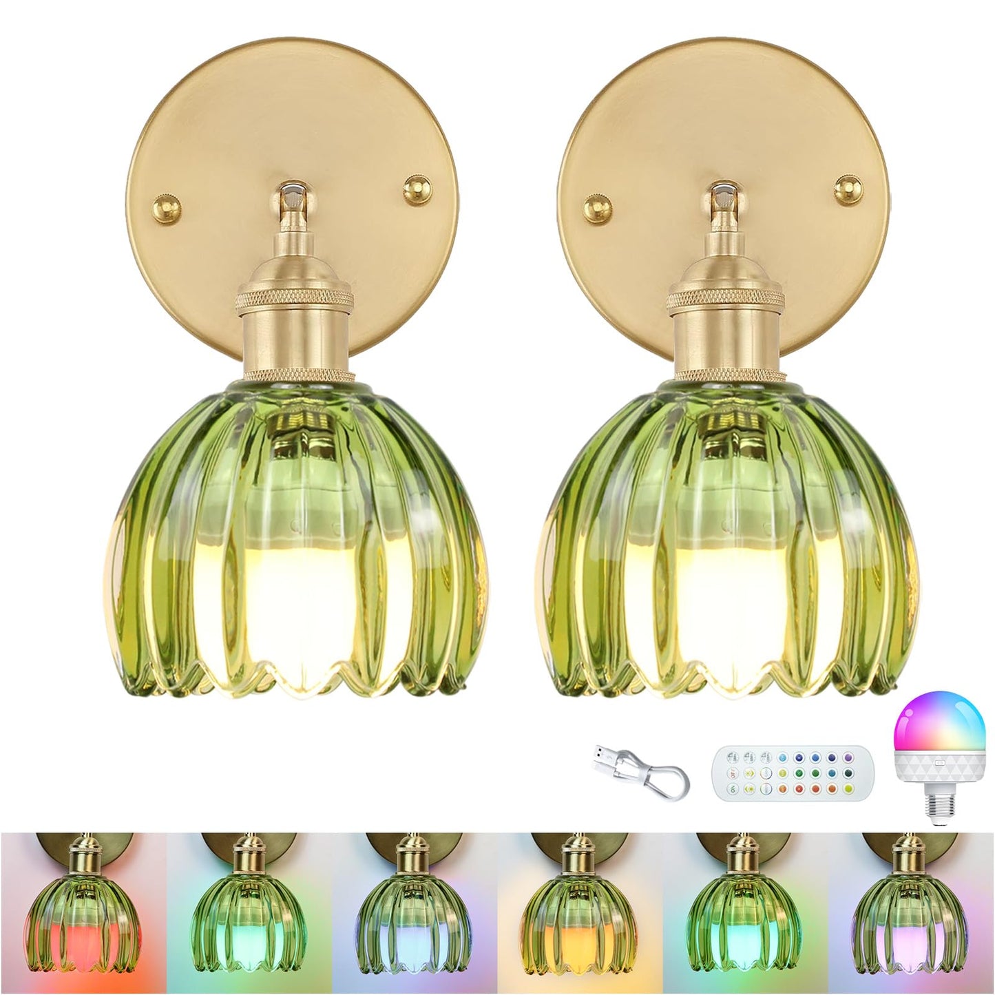 GEEZO Vintage Battery Operated Wall Sconce, Rechargeable, Remote Control, 2 Pack, Tulip Green, Model GEEZO-Y-8