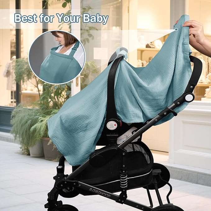 Hooyax 2-in-1 Baby Car Seat Cover & Nursing Cover, 100% Muslin Cotton, Breathable Car Seat Canopy and Privacy Breastfeeding Cover, Blue