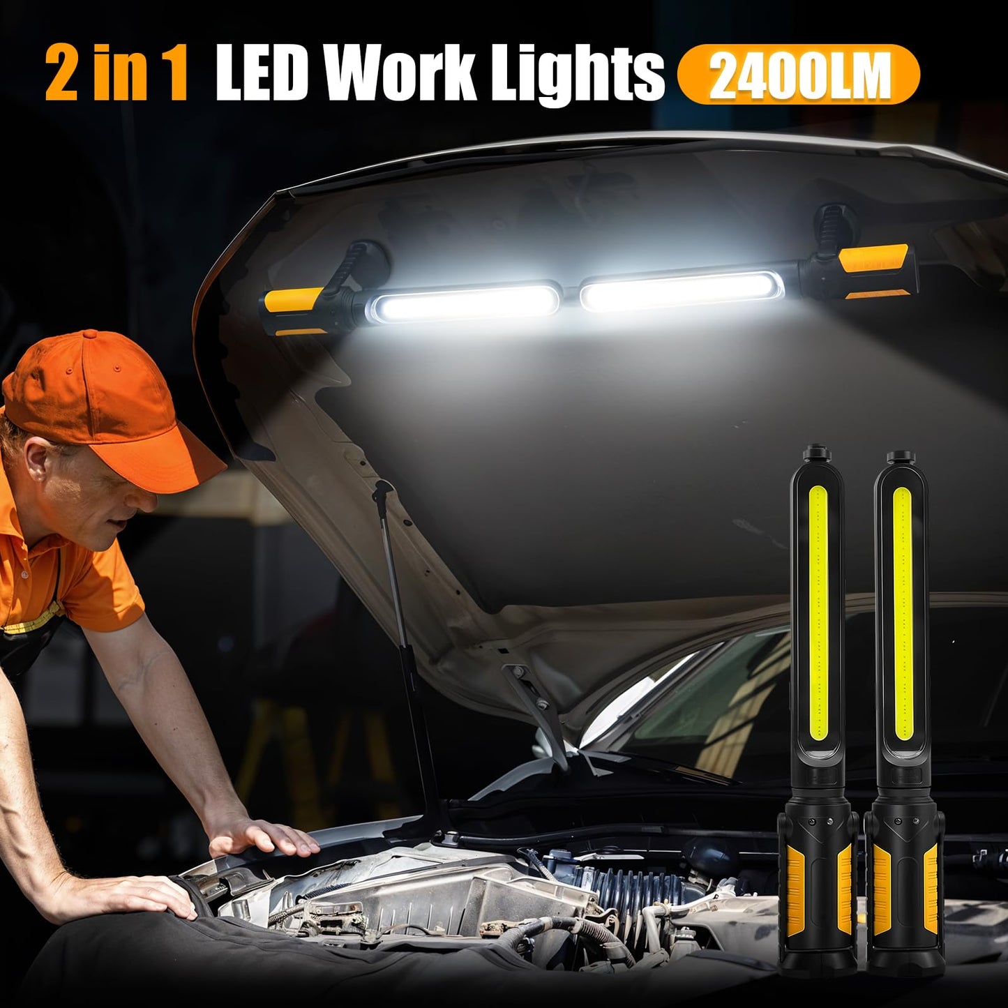 SYLSTAR Mechanic Work Light Bar with Upgraded Sensor Control - 2400LM LED, 4400mAh Rechargeable Underhood Work Light with Hooks & Magnetic Base for Car Repairing, Garage Workshop, Emergency