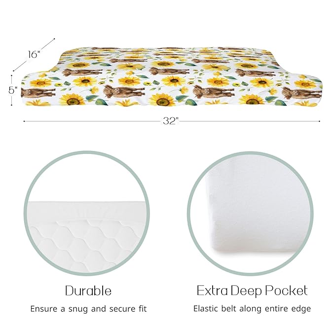 HawSkgFub Highland Cow Sunflower Changing Pad Cover for Baby Girls, Western Farm Animal Fall Flower Diaper Change Table Covers, Soft Stretchy Safe Snug Fitted Changing Mat Sheet Fit 32"/34" x 16"
