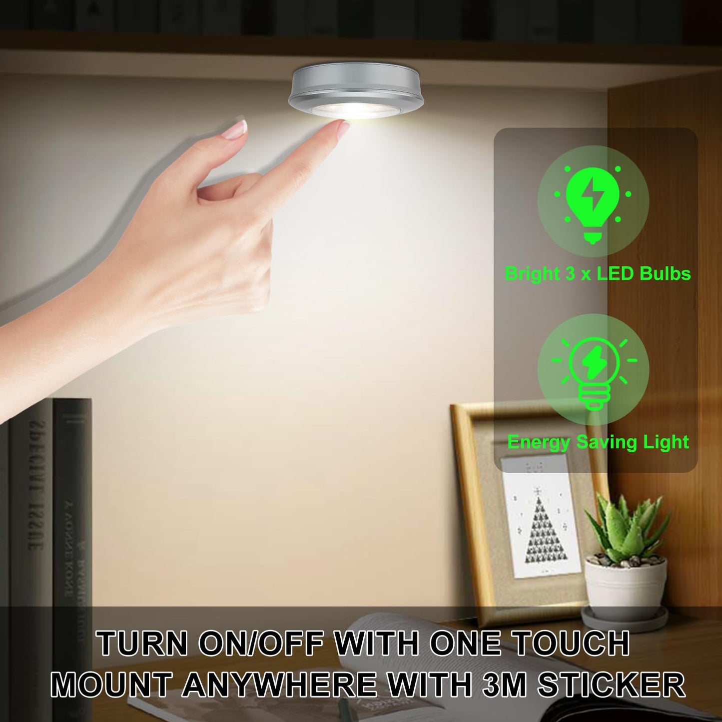 Bigmonat Led Puck Light  Stick On Lights  Closet Lights Battery Operated  Tap Lights  60 Lumens Touch Light  Under Cabinet Lighting  Ideal For Kitchen Cabinets  Closets  3-Pack  Silver