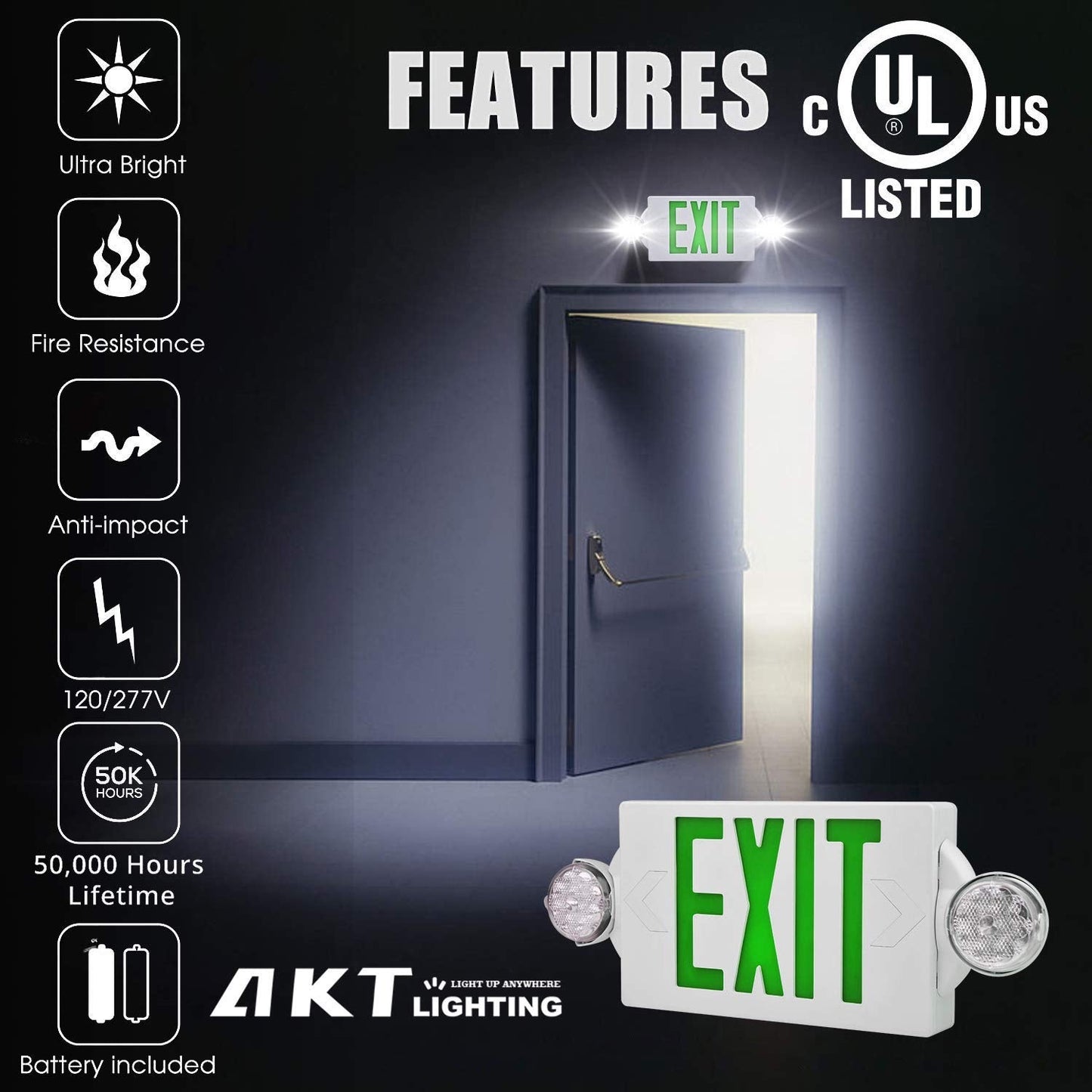 Akt Lighting Emergency Exit Light, 2 Led Heads, Ul Certified, Green, 2 Pack, Thermoplastic, Model 2In1