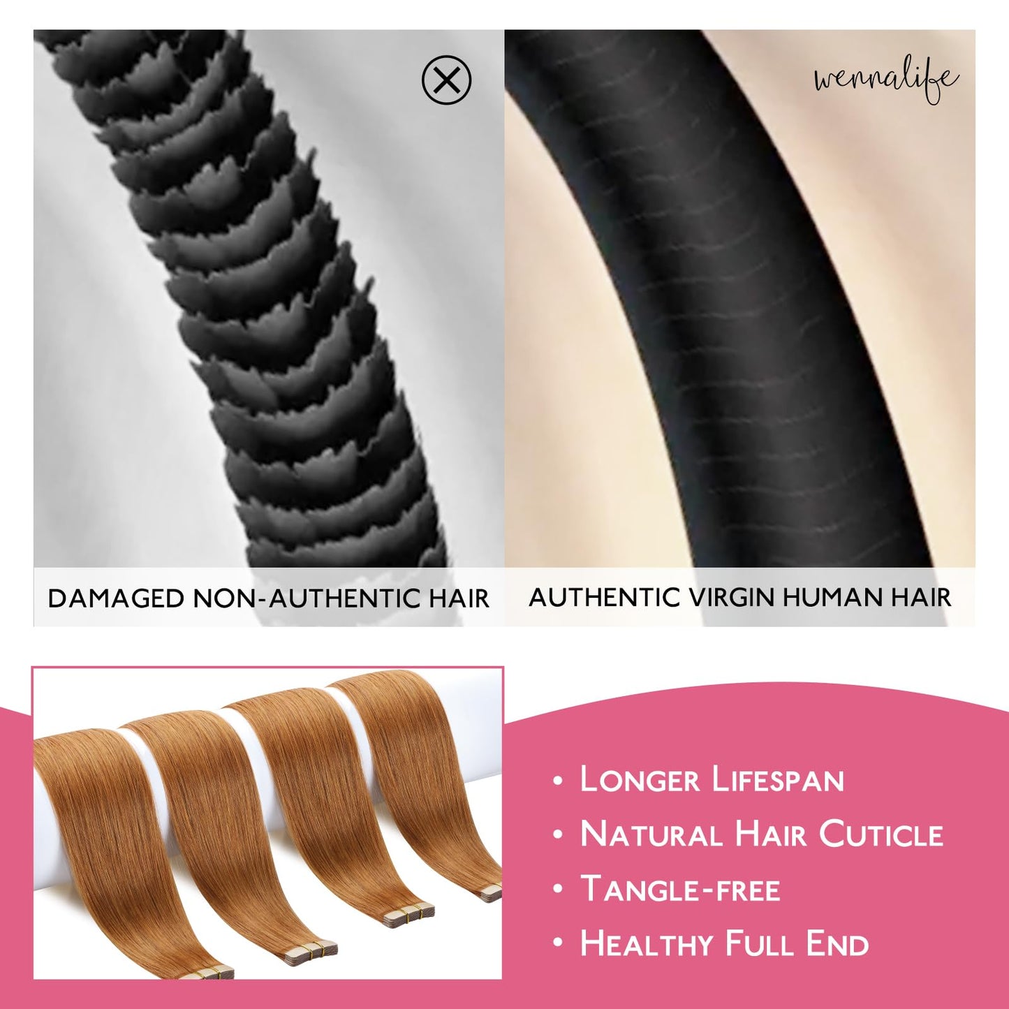 WENNALIFE Tape in Hair Extensions Human Hair, 10pcs 30g 26 inch Auburn Ginger Remy Invisible Tape Ins Straight Colored Soft Real