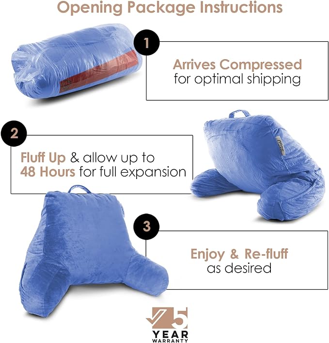 Nestl Reading Pillow Standard Bed Pillow, Back Pillow for Sitting in Bed Shredded Memory Foam Chair Pillow, Reading & Bed Rest Pillows Calm Blue Back Pillow for Bed, Bed Chair Arm Pillow with Pockets