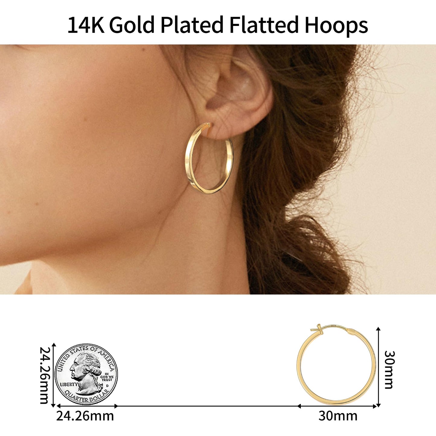 Gacimy Gold Hoop Earrings for Women, 14K Gold Plated Flatted Hoops with 925 Sterling Silver Post, 30mm Medium Earrings for Women