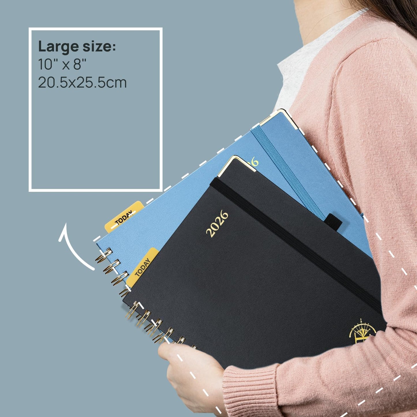POPRUN 2026 Planner (Large Size 10'' x 8'' Wire-Bound Hard Cover) Daily Weekly and Monthly Calendar - Agenda 2026 (Jan.2026-Dec.2026) with Hourly Schedule, Monthly Tabs - Haze Blue