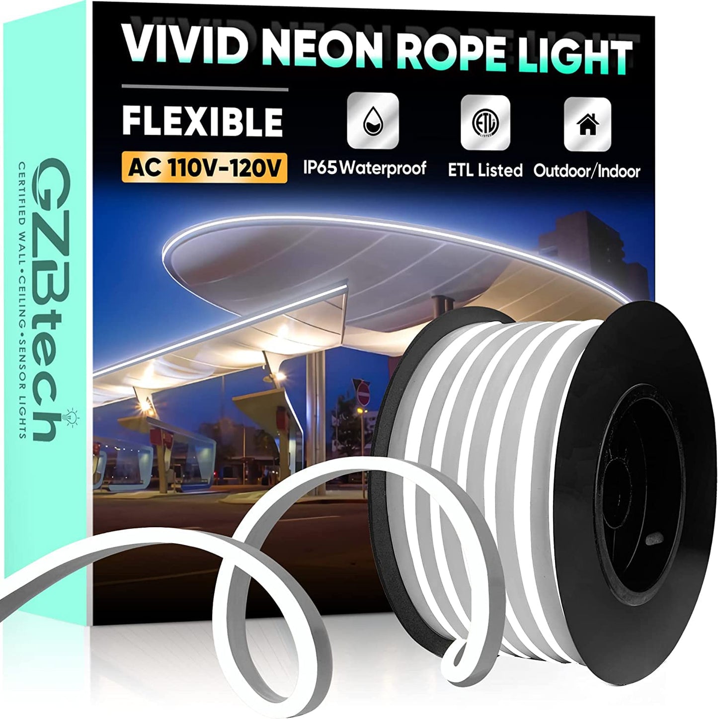 Gzbtech Flexible Led Neon Rope Lights 33Ft Ac 110-120V Waterproof Strip Light  120 Leds/M Cuttable Connectable Neon Lighting For Indoor Outdoor Home Decor/Commercial Building Use-Cold White 10M