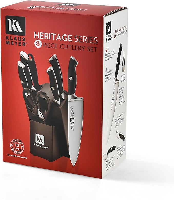 Klaus Meyer 8-Piece Kitchen Knife Set, German High Carbon Steel Pakka Wood Handle Chef Knife Set With Block, Ultra Sharp With Scissors, Sharpener Rod.
