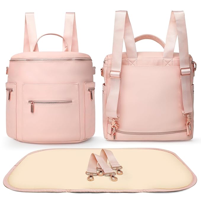 miss fong Pink Diaper Bag Backpack Baby Diaper Bag, Large Leather Diaper Backpack with 16 Pockets Travel Diaper Bag with Diaper Changing Pad,Pink Baby Backpack Stroller Straps & 2 Insulated Pockets