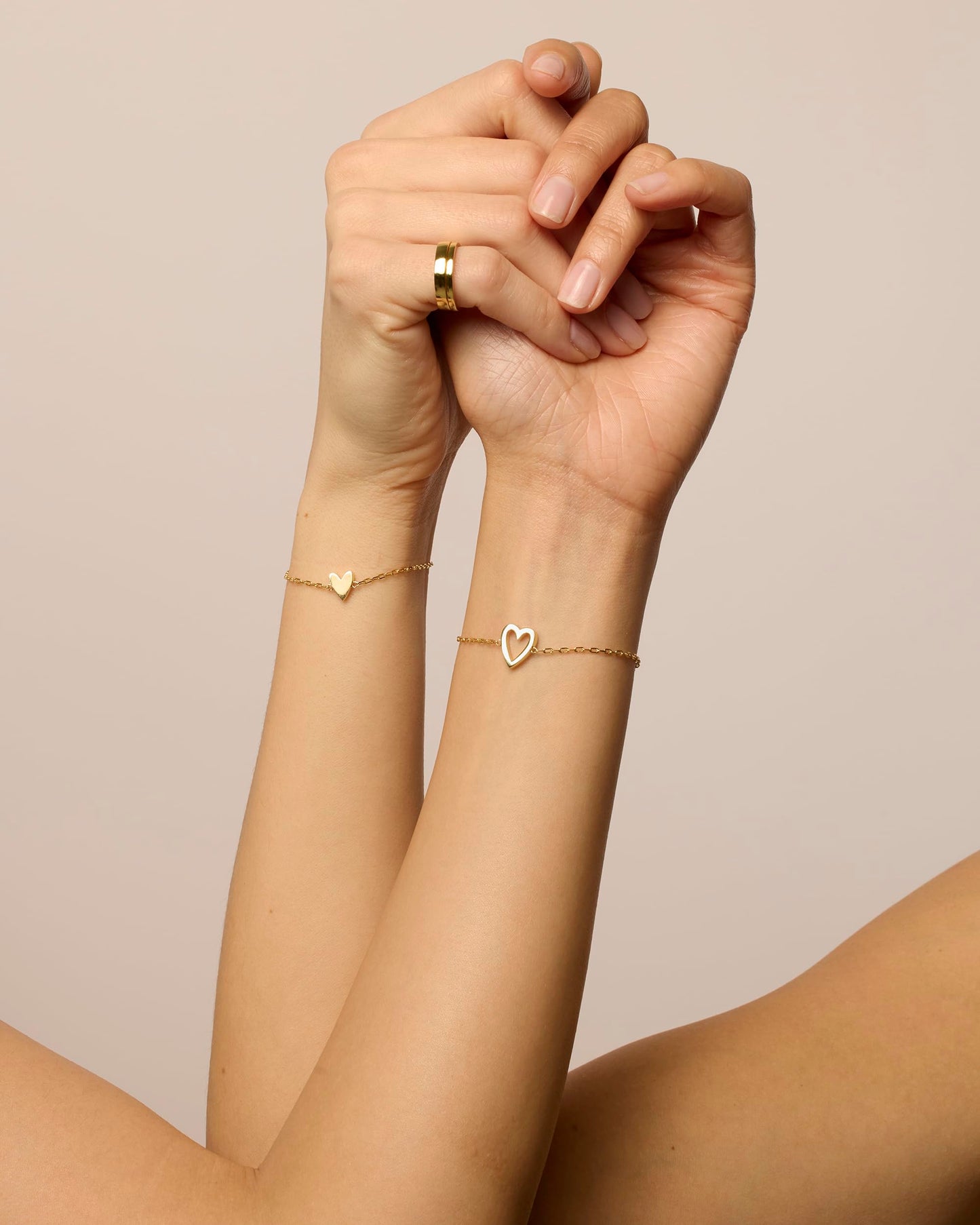 PAVOI 14K Yellow Gold Plated Matching Heart Charms Solitaire Bracelet Set for Women | Adjustable Love Friendship Two Bracelet Pa