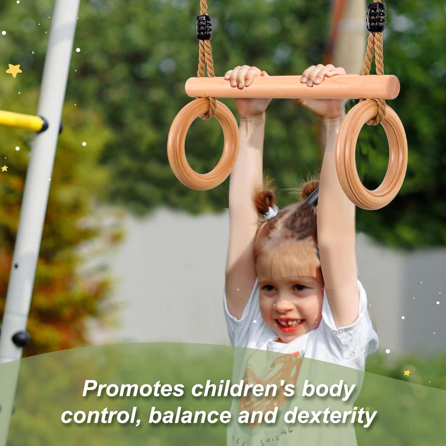 YAERSI Children's Trapeze Swing Bar with Wooden Gym Rings,Trapeze Bar for Swing Set