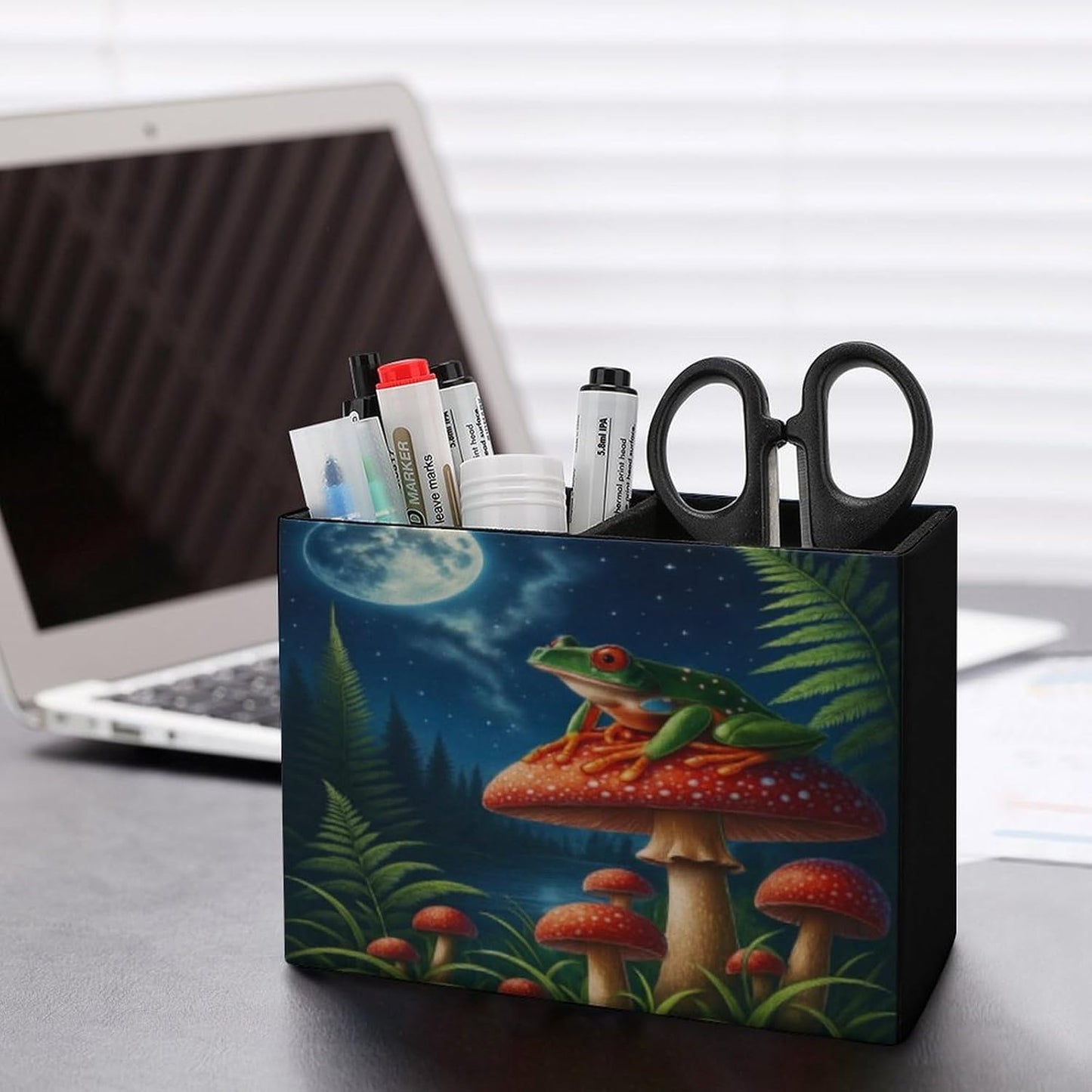 Frog On Mushroom Lether Pen Holder for Desk Makeup Brush Holder Office Organizer Desk Accessory for School Office