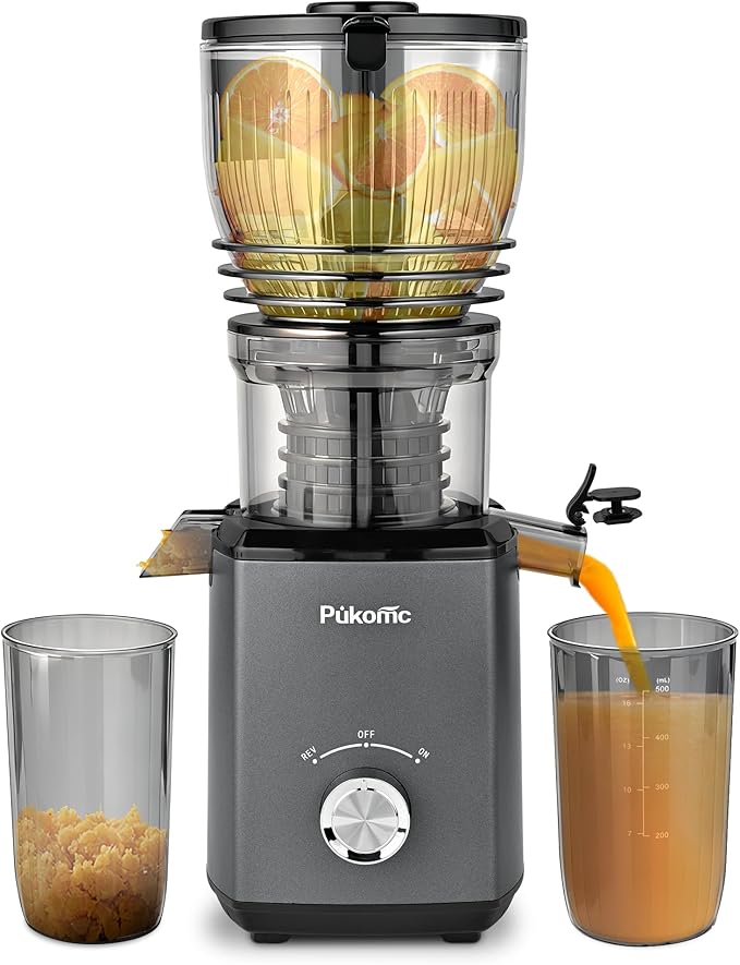 Pukomc Cold Press Juicer,5.8" Wide Feed Chute Juice Extractor Machine with 300W,Slow Masticating Juicer for Whole Vegetables & Fruits,High Juice Yield,Easy to Clean,Grey