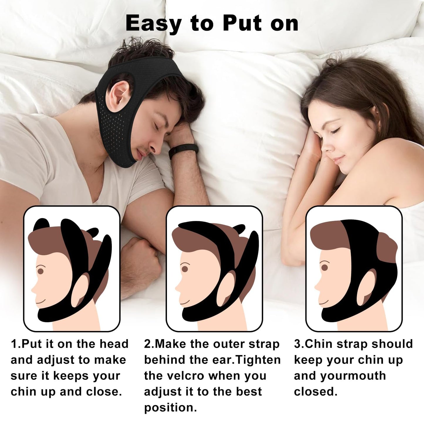Sleep Apnea Devices - Chin Strap for Sleeping, Airflow Jaw Strap, Effective Anti Snoring Solution for Men and Women, Anti Snore Devices Breathable and Reusable (Black & 52CM & 1PCS）