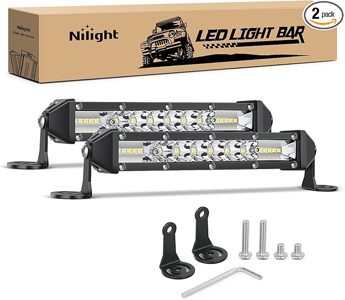 Nilight Slim LED Light Bar 2Pcs 7 Inch 16LED Single Row Spot Flood Combo Fog Driving Work Lighting Roof Bumper Lamp Offroa...