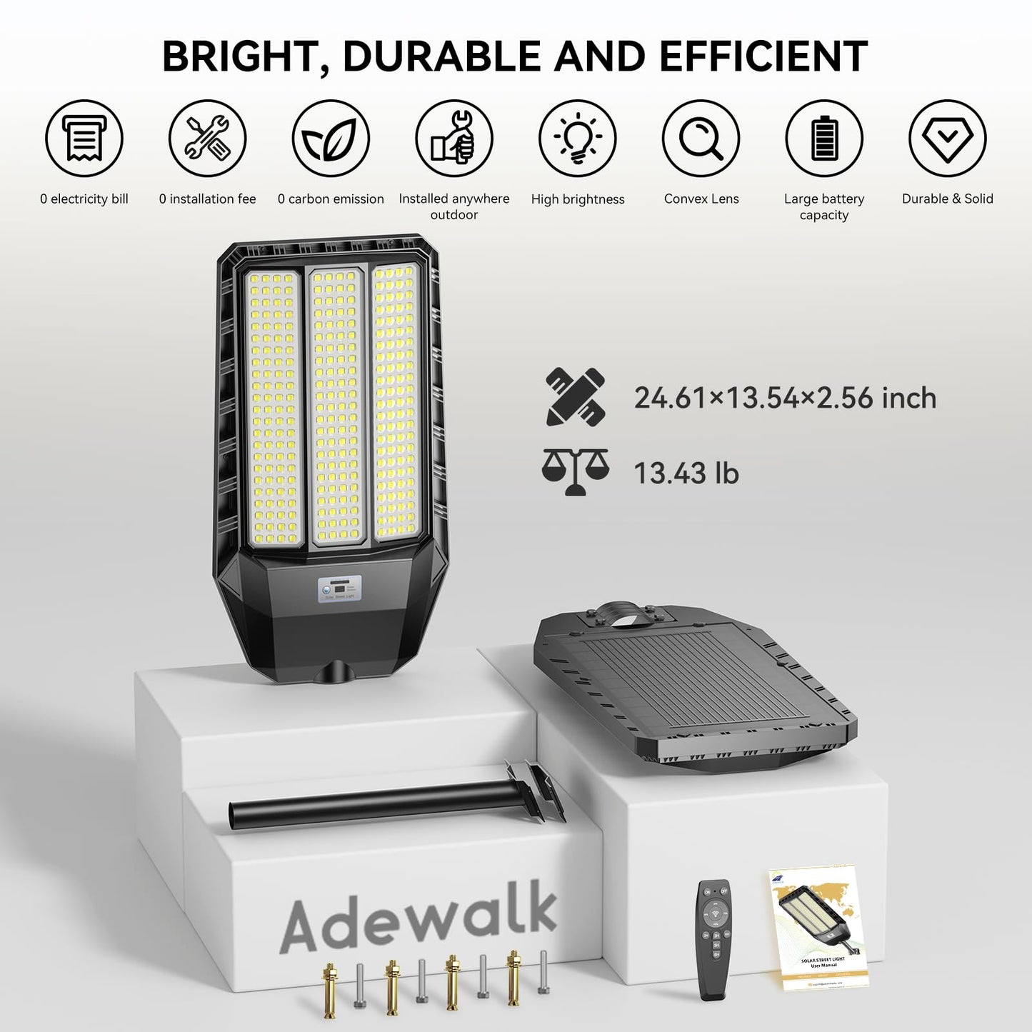 Adewalk 8000W Solar Street Lights, Dusk to Dawn, Motion Sensor, Heavy Duty, 2 Pack, Model TW3002