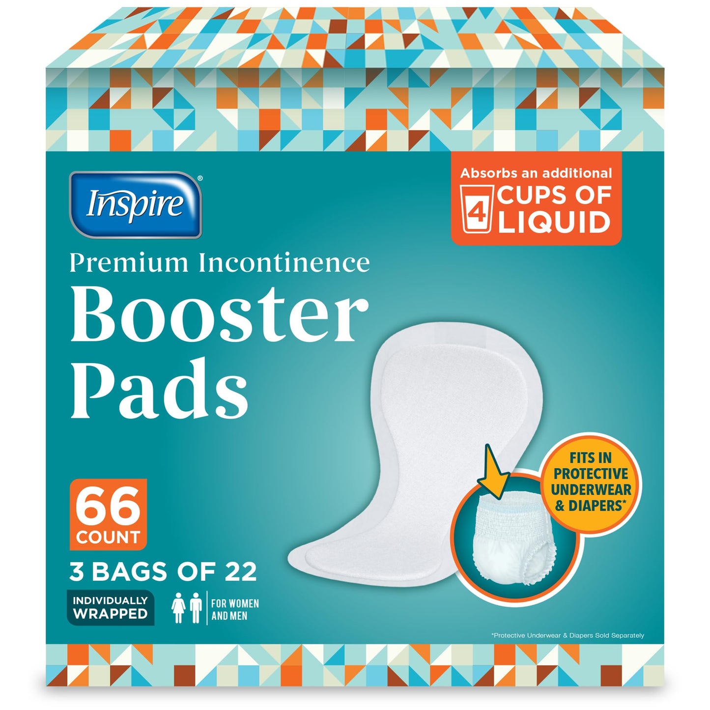 Inspire Ultra Absorbency Incontinence Booster Pads | Absorbs Over 4 Cups! | for Women or Men, Adhesive Strip Use in Incontinence Underwear and Diapers Leak-Free (66 Count)